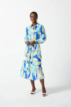 Joseph Ribkoff Vanilla/Multi Leaf Print Waist Tie Midi Shirt Dress 242911