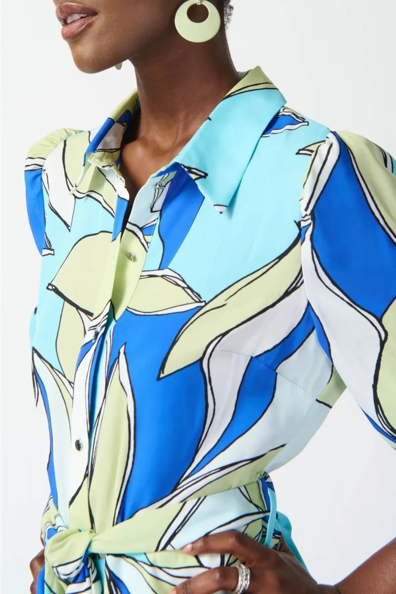 Joseph Ribkoff Vanilla/Multi Leaf Print Waist Tie Midi Shirt Dress 242911