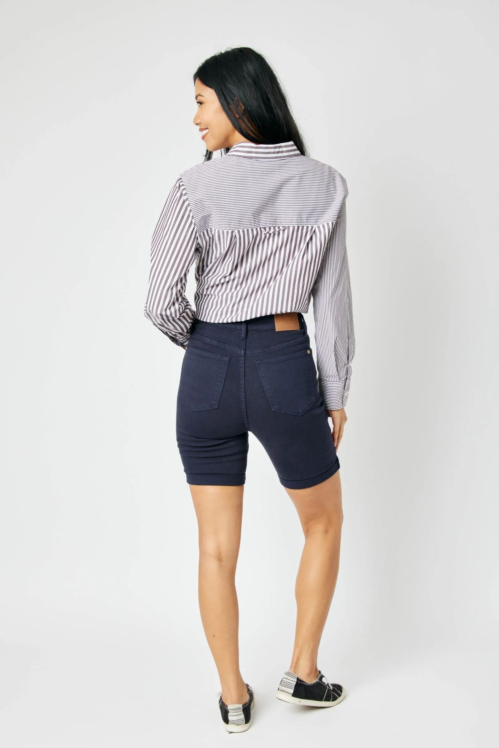 Judy Blue Reg/Plus High Rise Tummy Control Garment Dyed Navy Denim Bermuda Shorts