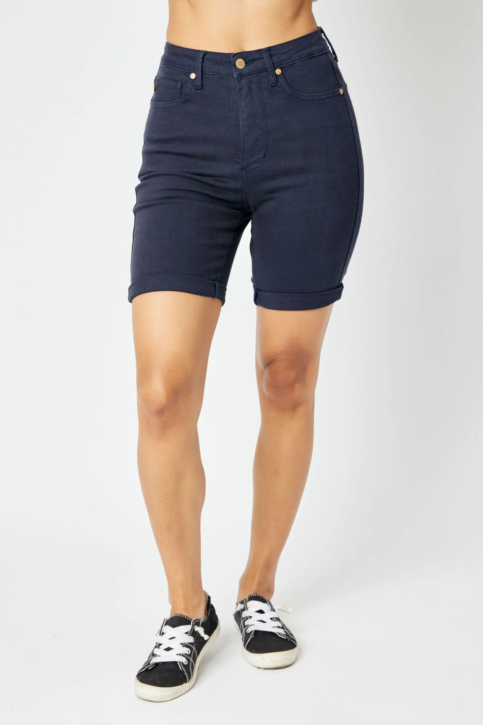 Judy Blue Reg/Plus High Rise Tummy Control Garment Dyed Navy Denim Bermuda Shorts