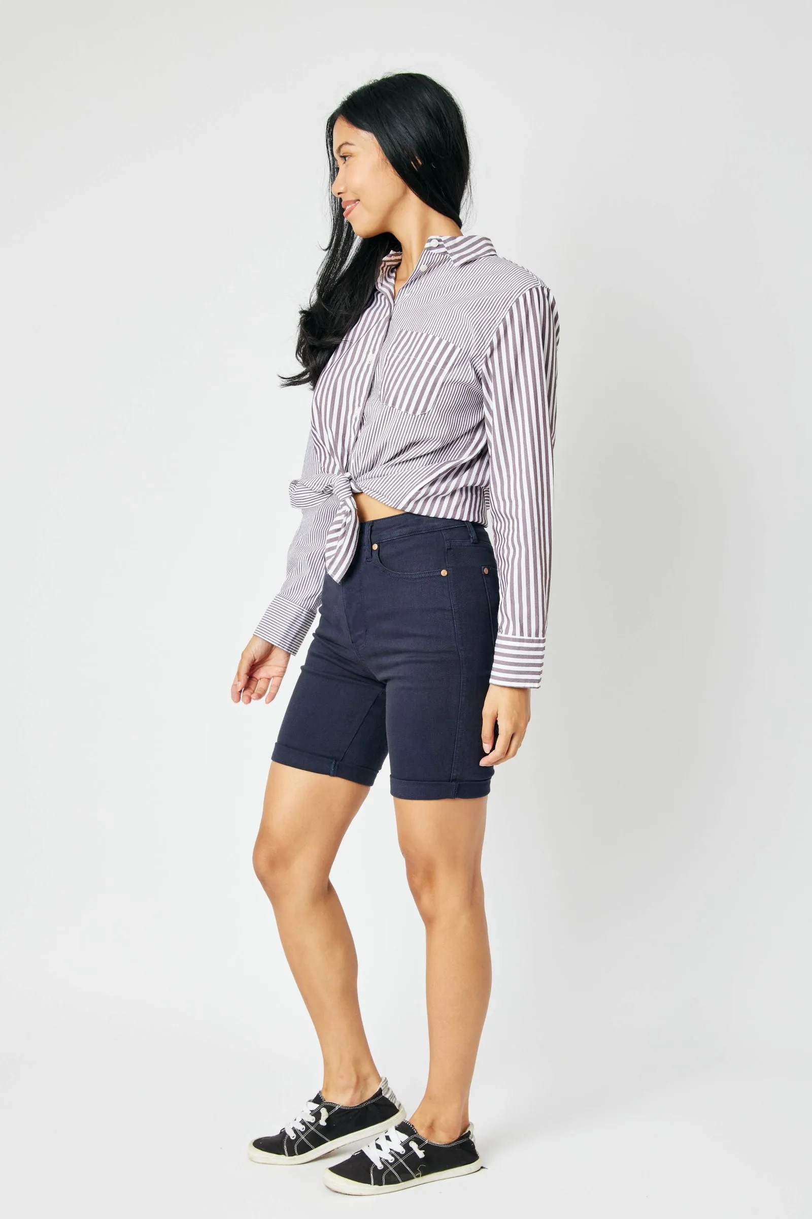 Judy Blue Reg/Plus High Rise Tummy Control Garment Dyed Navy Denim Bermuda Shorts