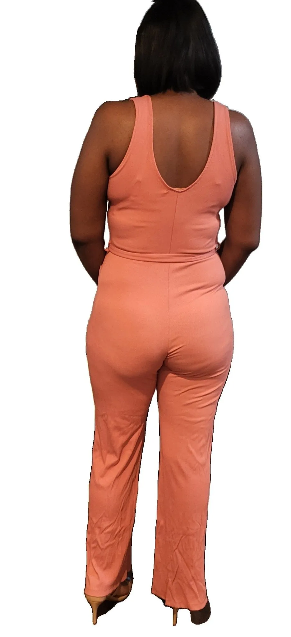 JUMPSUIT RIBBED BUTTON FRONT-TIE BELT-POCKETS