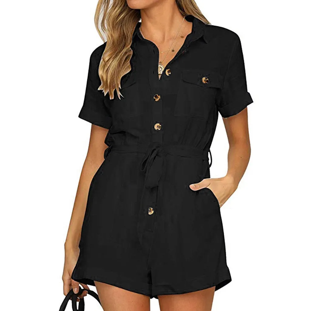 jumpsuits Casual Button Down Cuffed  for women 2019 Women's Short Sleeve Casual Boho Playsuit Jumpsuit
