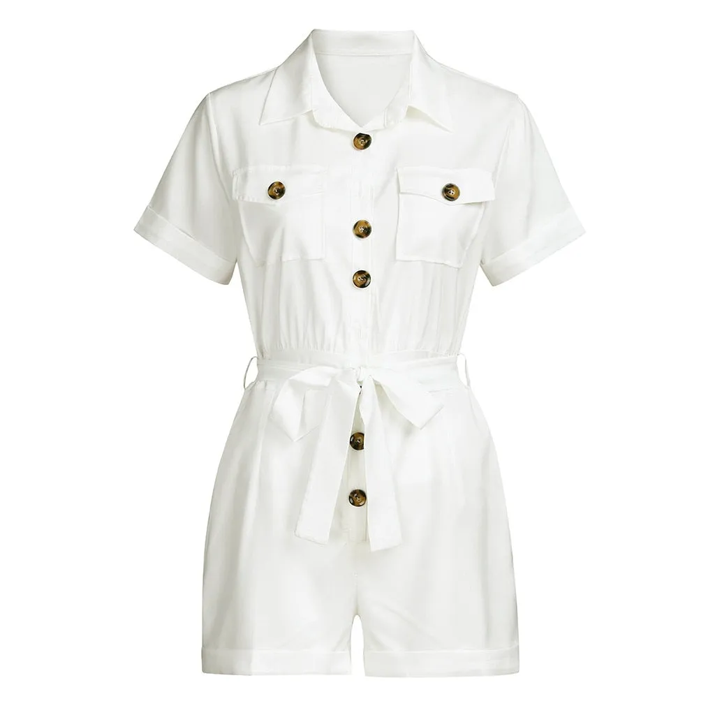 jumpsuits Casual Button Down Cuffed  for women 2019 Women's Short Sleeve Casual Boho Playsuit Jumpsuit