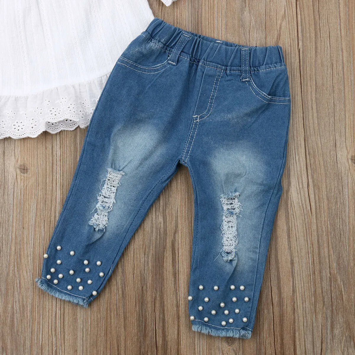 Junior Girls Two Piece White Swing Top And Denim Jeans