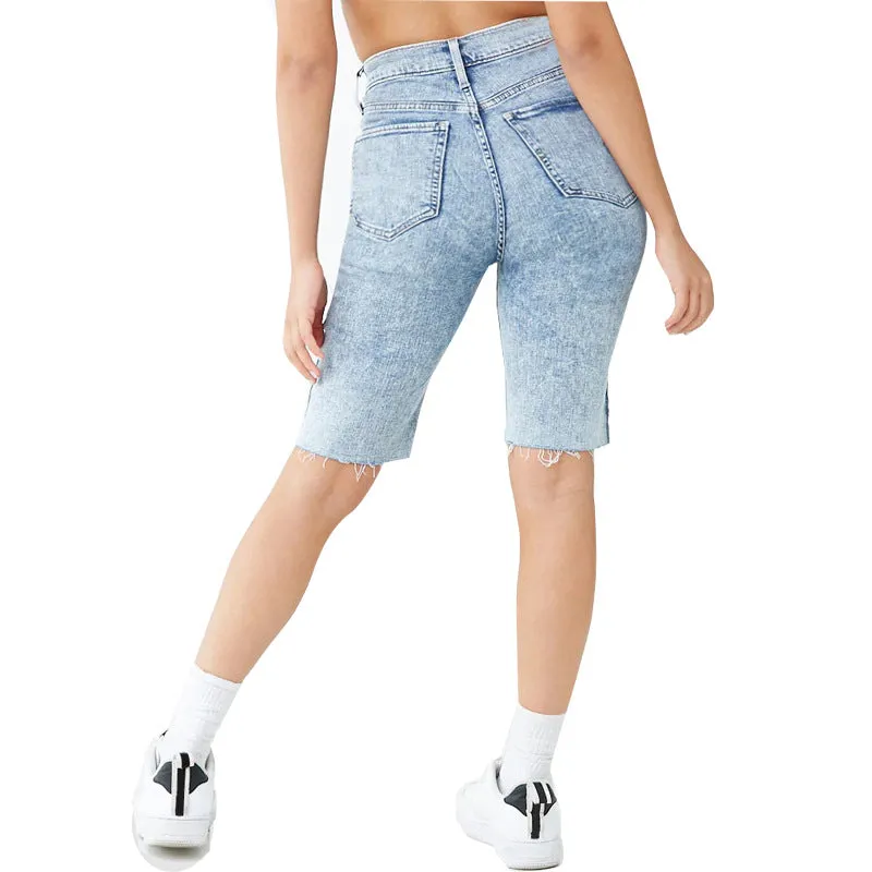 Knee Length Curvy Women's Mid Waist Denim Bermuda Shorts