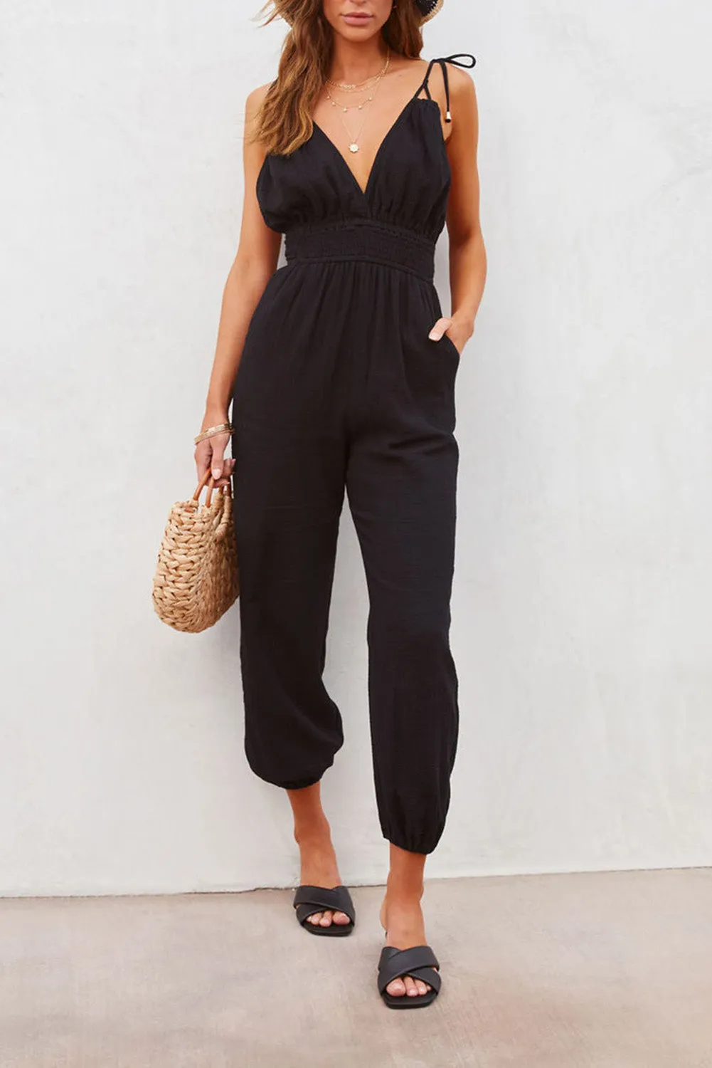 Knotted Shoulder Backless Jumpsuit