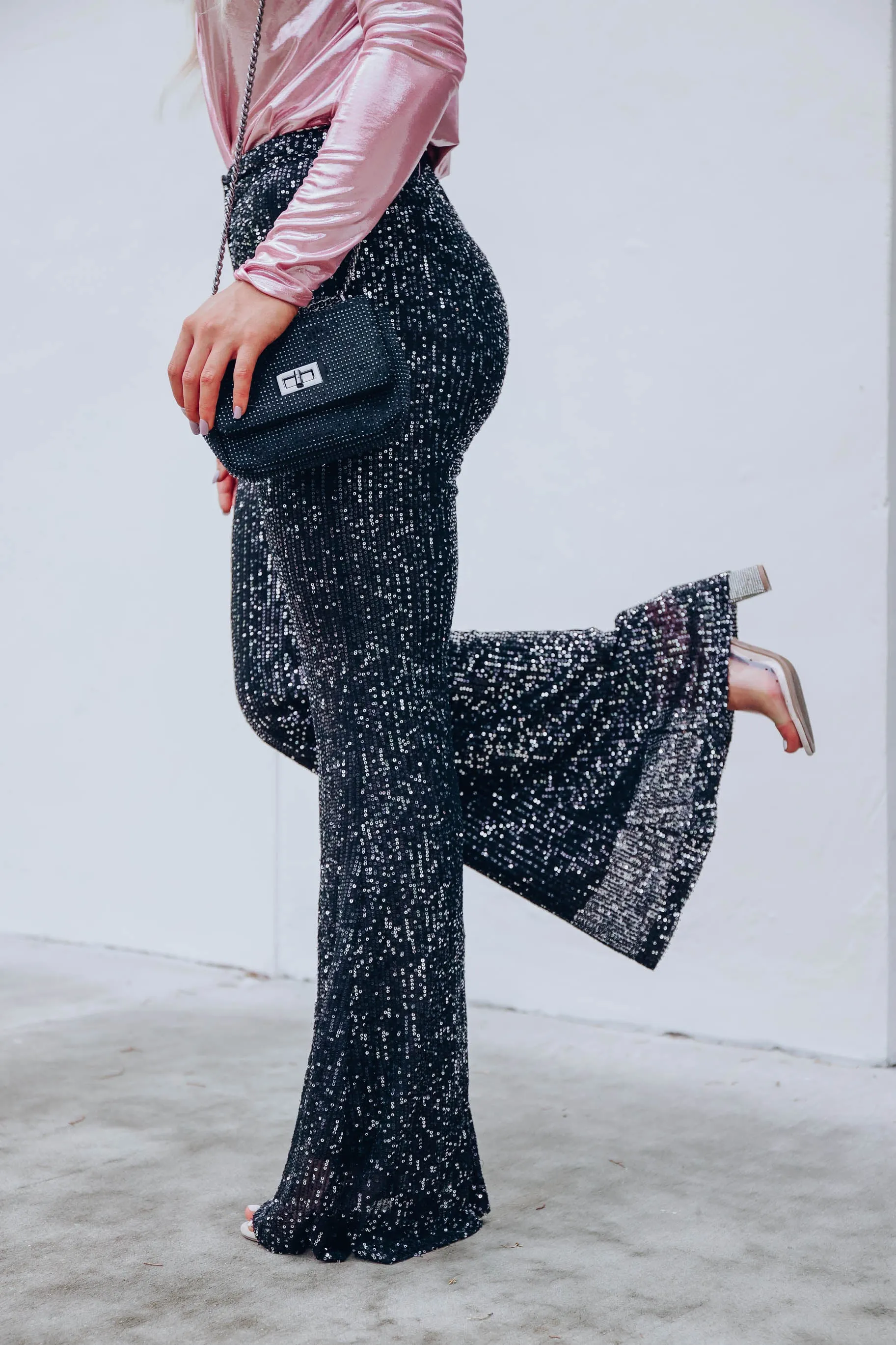 Kylie Sequin Flare Pants - Black