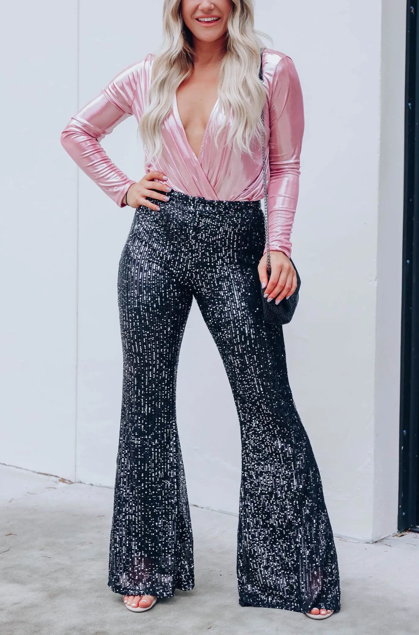 Kylie Sequin Flare Pants - Black