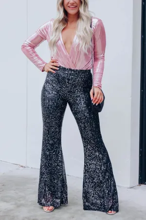 Kylie Sequin Flare Pants - Black