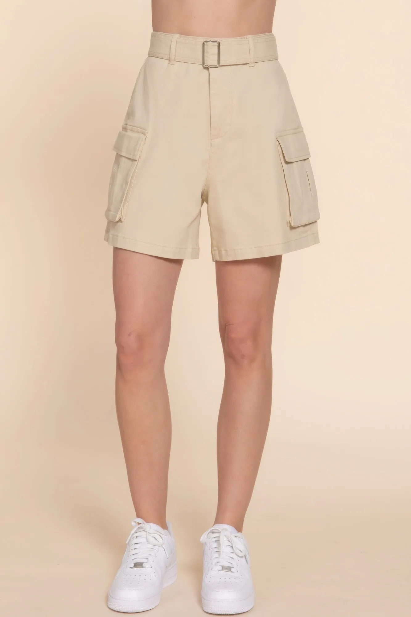 Ladies Beige Belted Cargo Shorts
