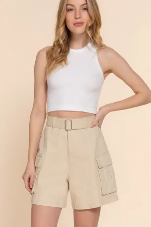 Ladies Beige Belted Cargo Shorts