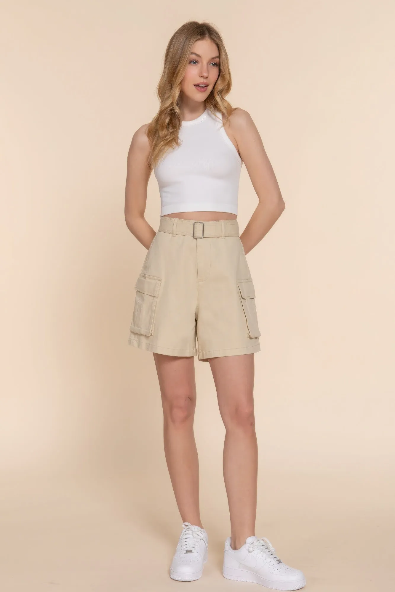 Ladies Beige Belted Cargo Shorts