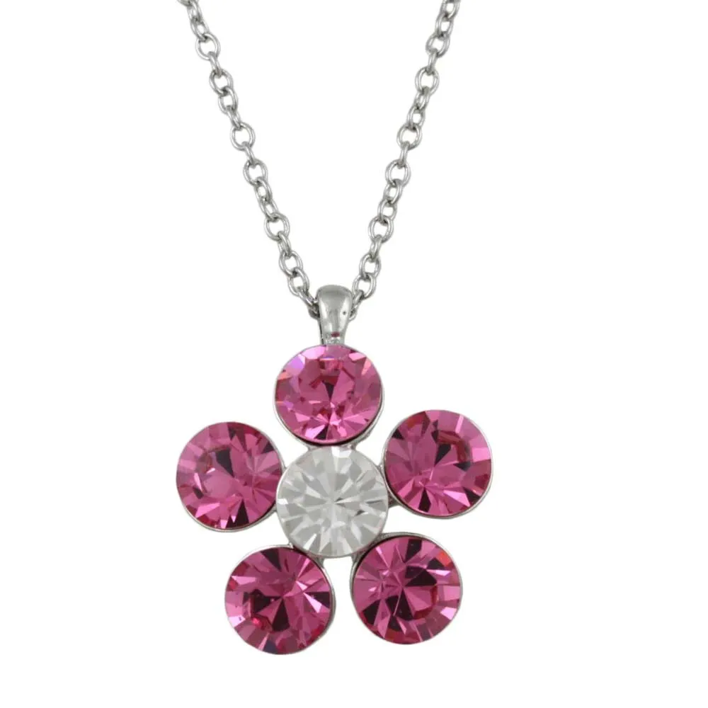 Large Pink Crystal Daisy Pendant on Silver-tone Chain - PT519PK
