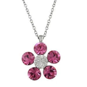 Large Pink Crystal Daisy Pendant on Silver-tone Chain - PT519PK