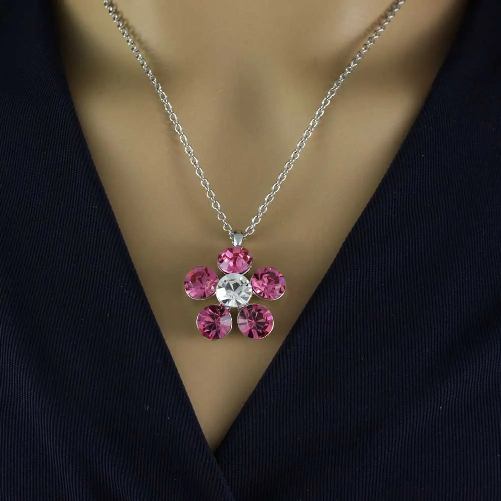 Large Pink Crystal Daisy Pendant on Silver-tone Chain - PT519PK
