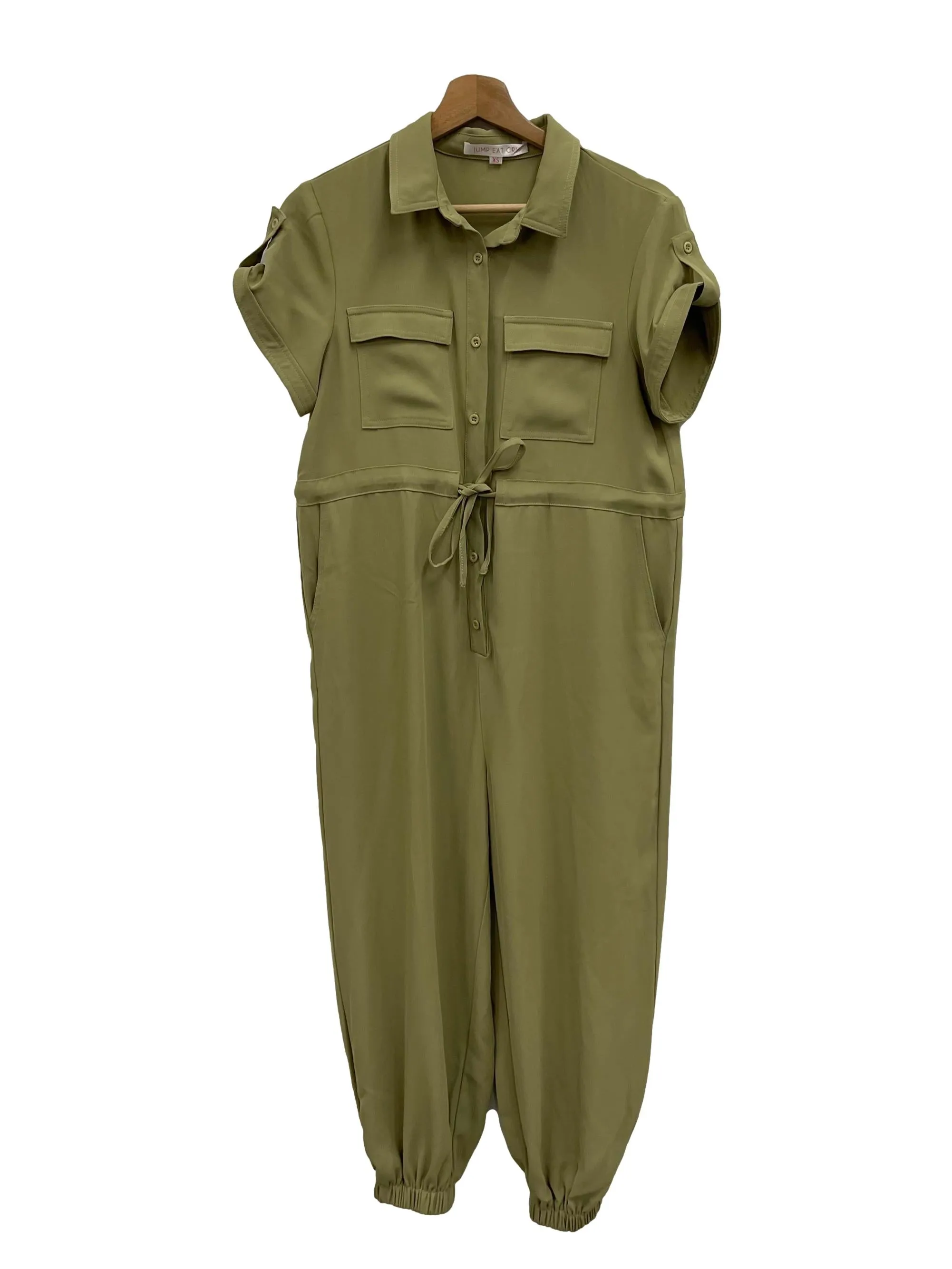 Leaf Green Button Down Tie Front Jumpsuit