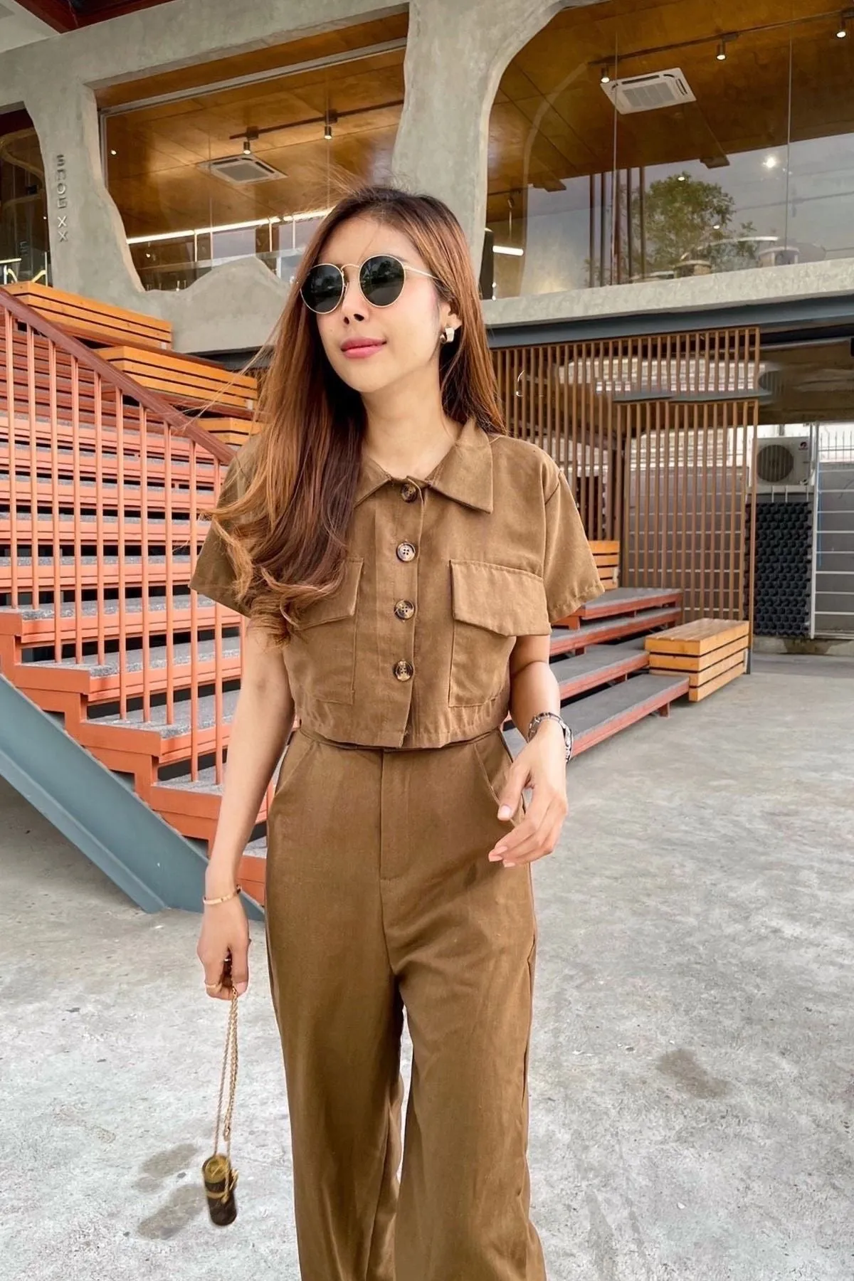 LILLIAN Linen Button-down Top & Pants Co-ord (Toffee Brown)
