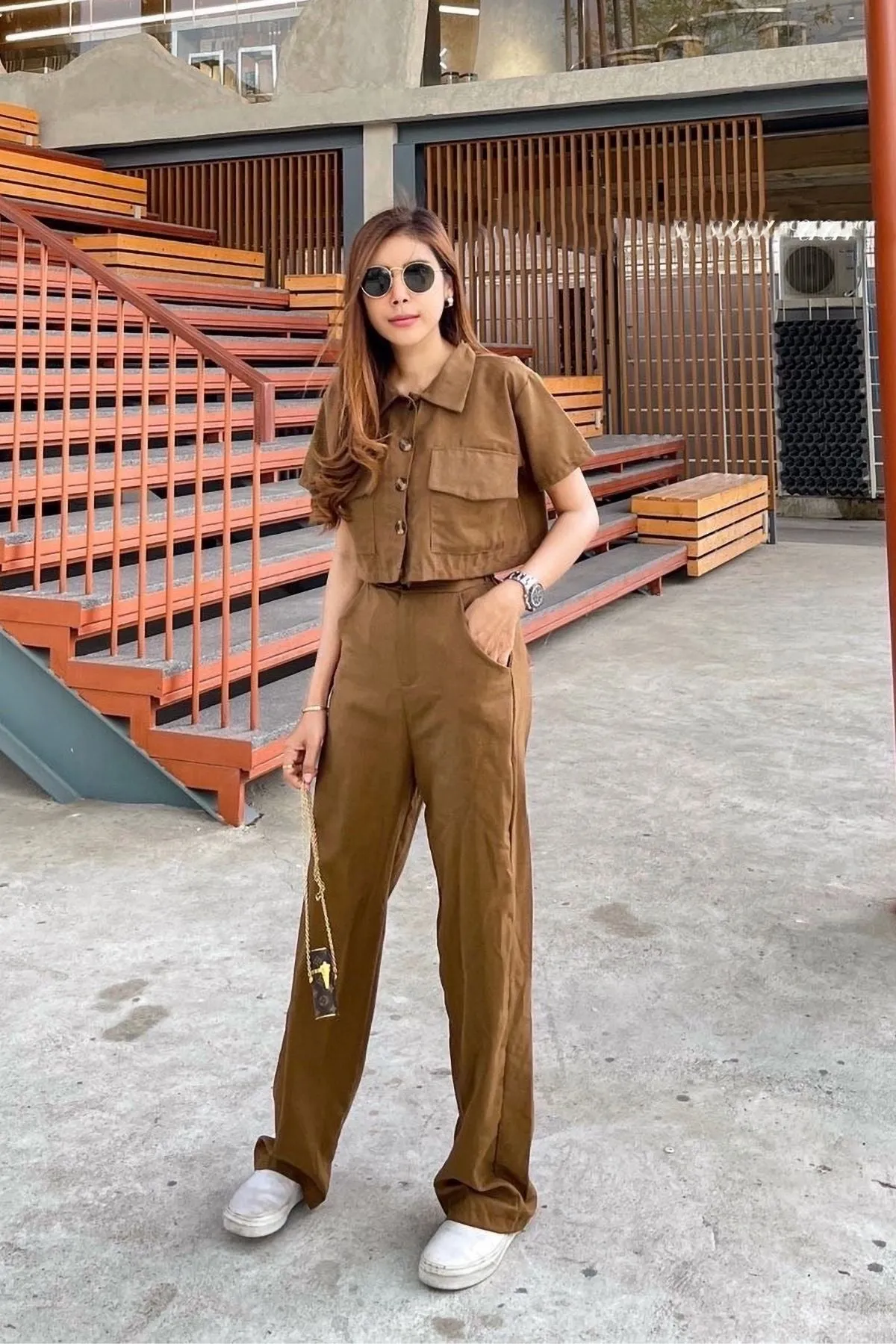 LILLIAN Linen Button-down Top & Pants Co-ord (Toffee Brown)