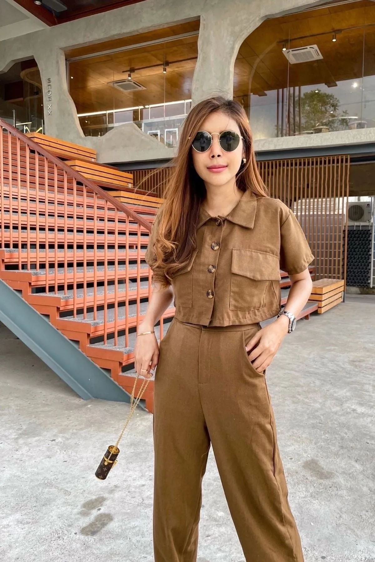 LILLIAN Linen Button-down Top & Pants Co-ord (Toffee Brown)