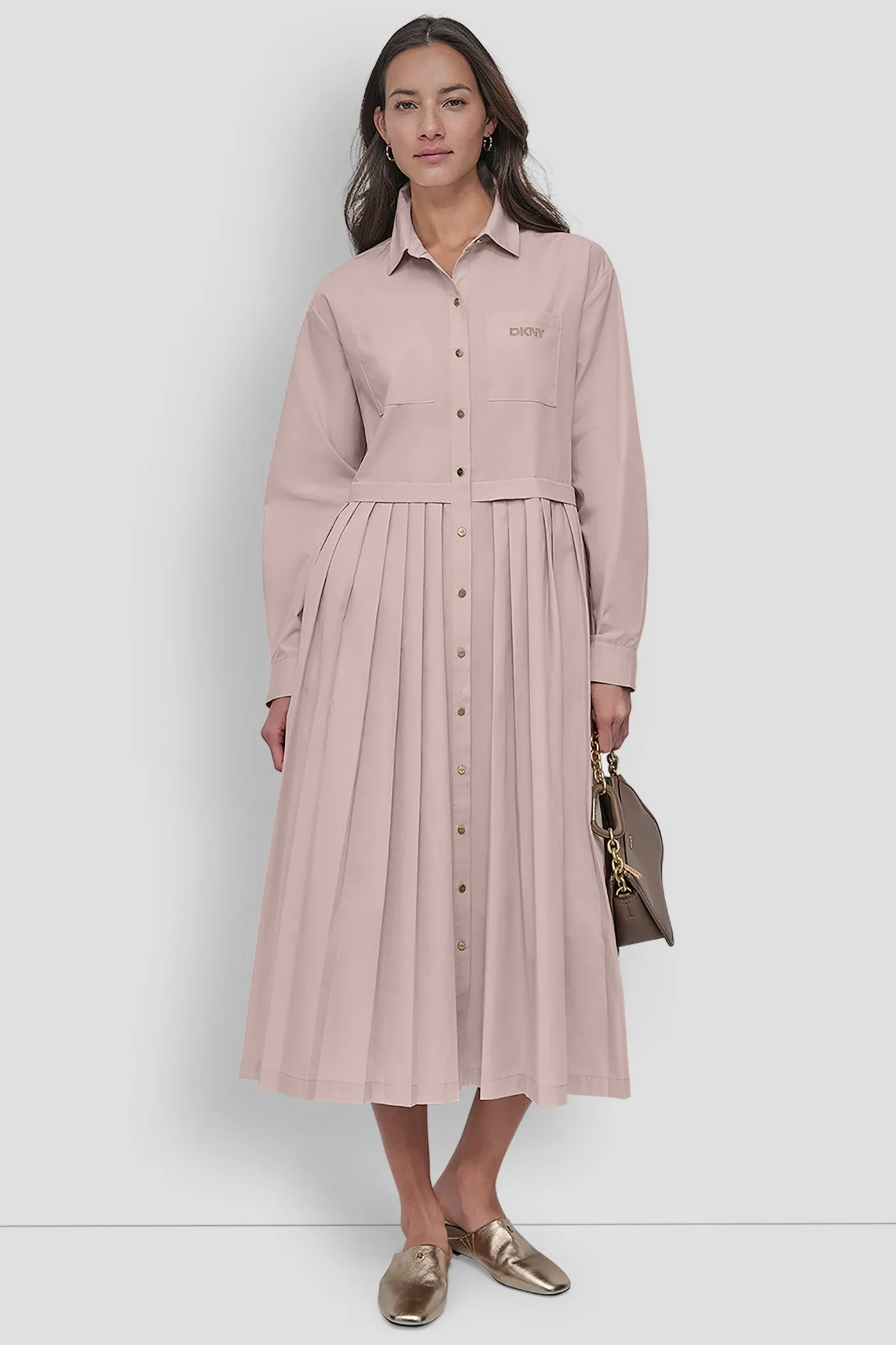 LONG SLEEVE BUTTON DOWN DRESS WITH PLEATS