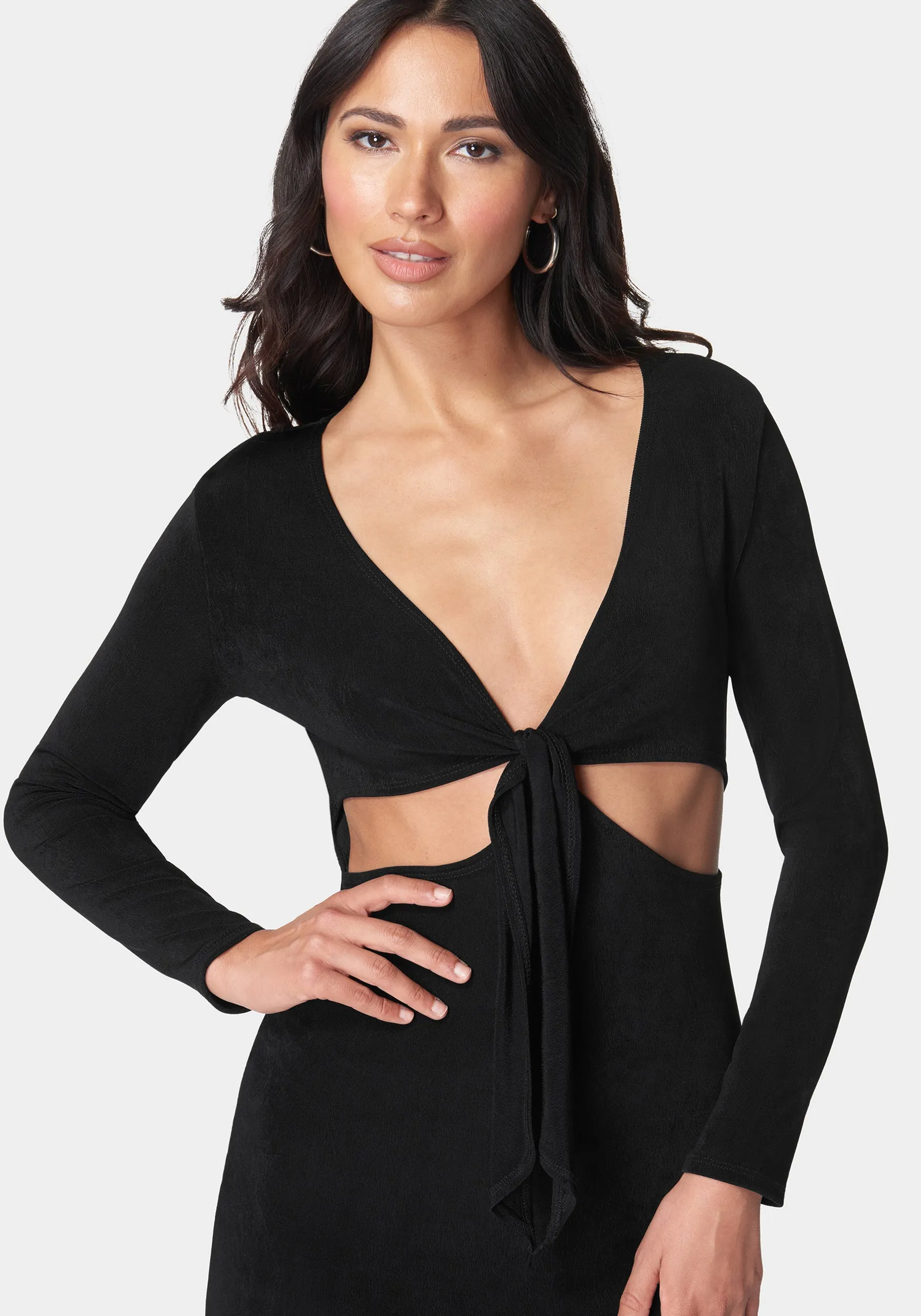 Long Sleeve Tie Front Slinky Dress