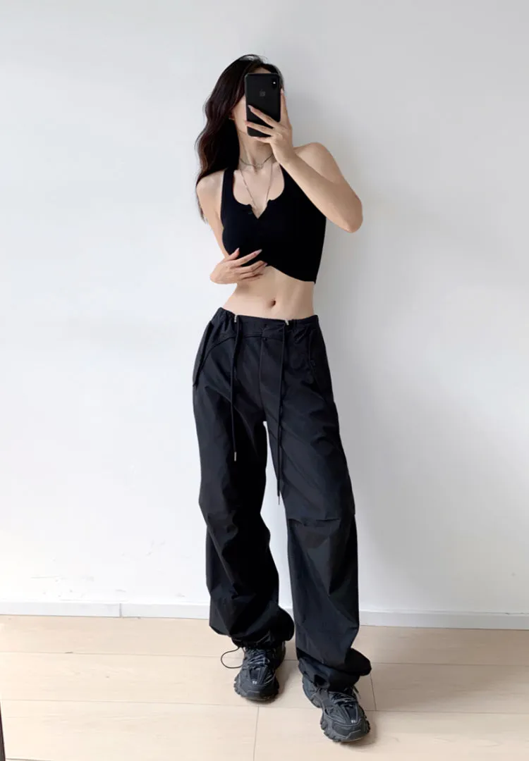 Loose drawstring workwear straight pants