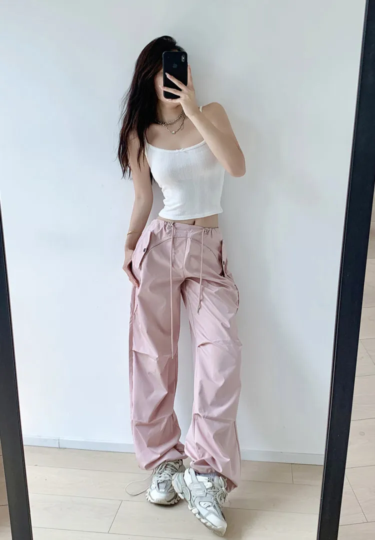 Loose drawstring workwear straight pants