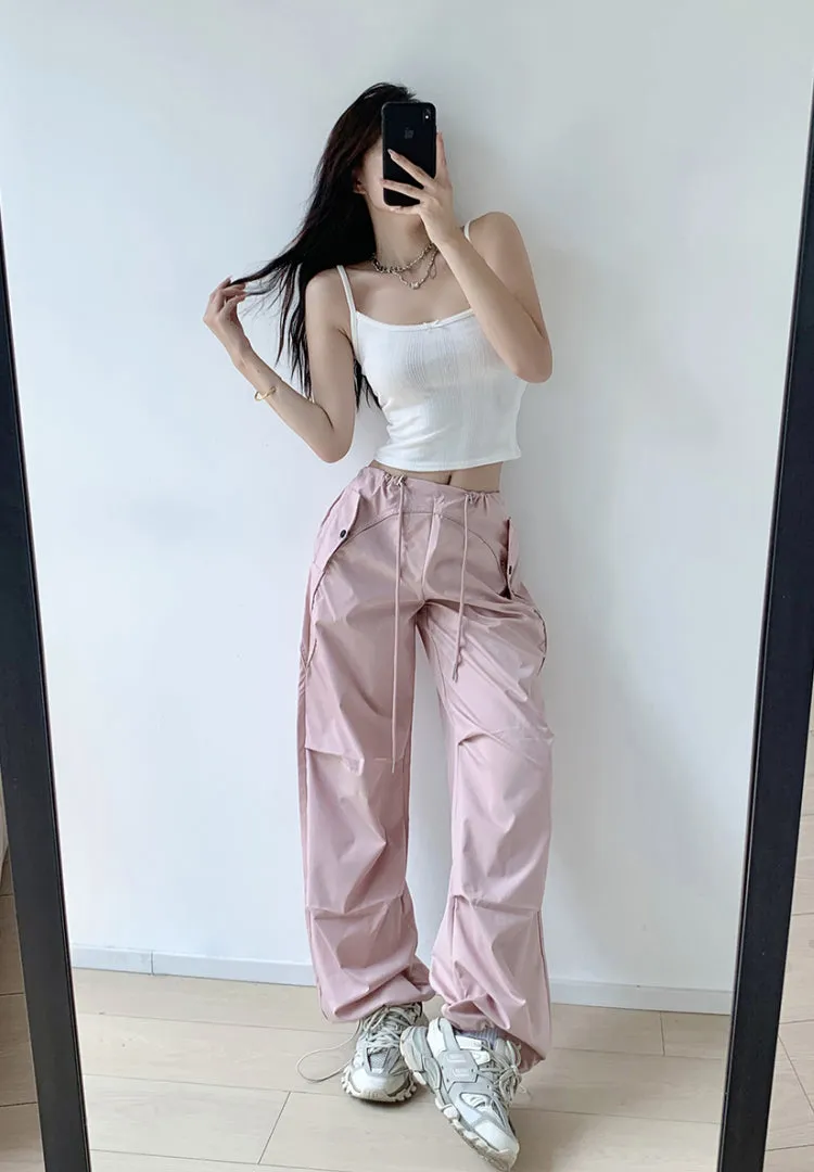 Loose drawstring workwear straight pants
