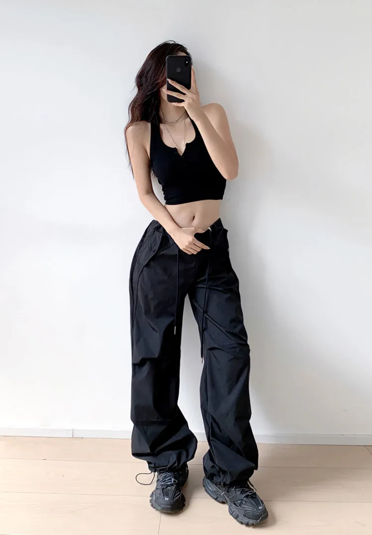 Loose drawstring workwear straight pants