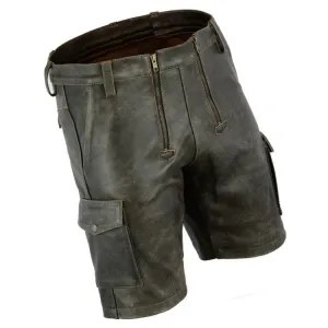Mens Double Front Zipper Antique Leather Cargo Shorts