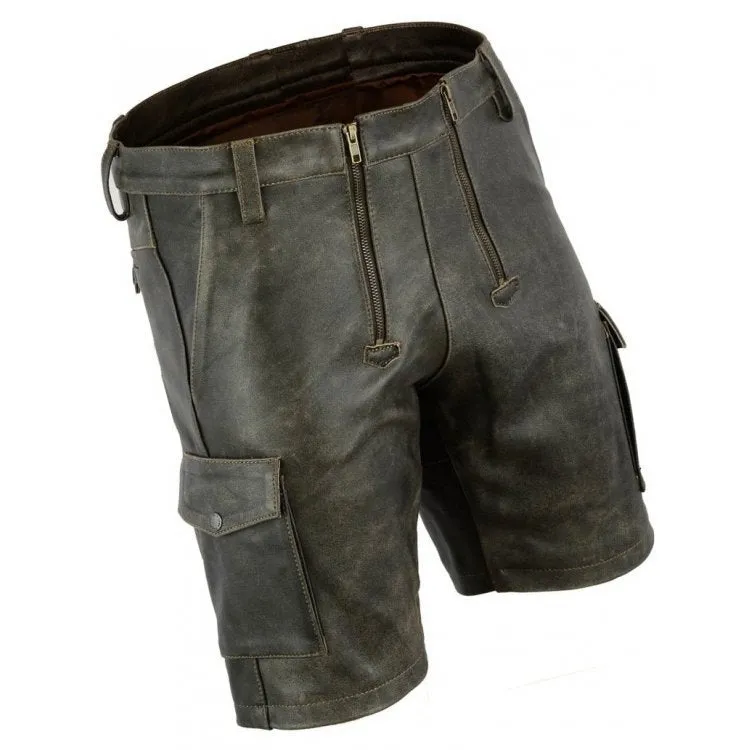 Mens Double Front Zipper Antique Leather Cargo Shorts