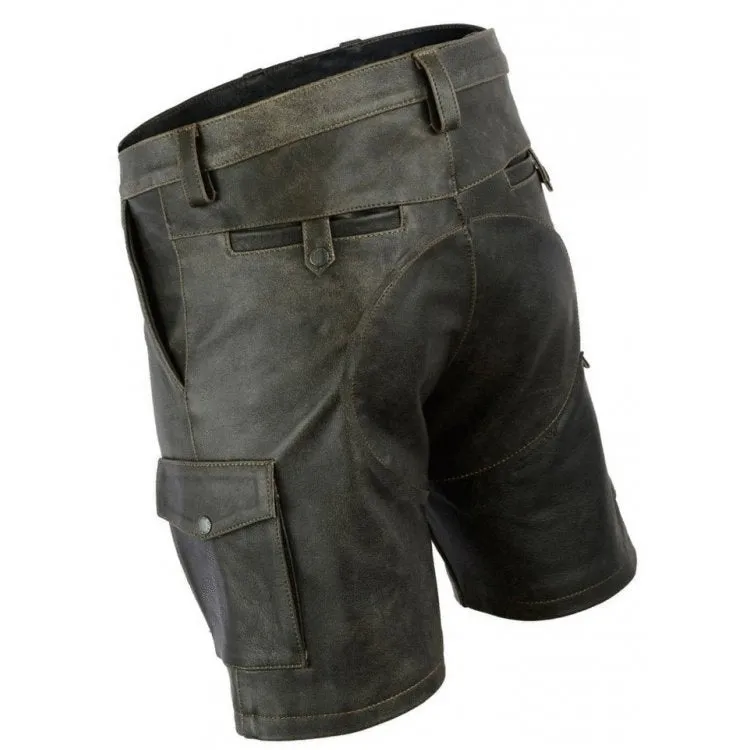 Mens Double Front Zipper Antique Leather Cargo Shorts