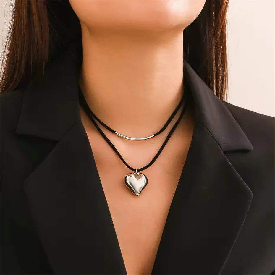 Midnight Velvet Love Heart Pendant Choker Necklace