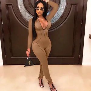 Milan Long Sleeve Zip Front Bodycon Jumpsuit