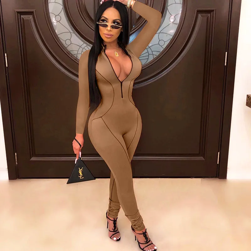 Milan Long Sleeve Zip Front Bodycon Jumpsuit