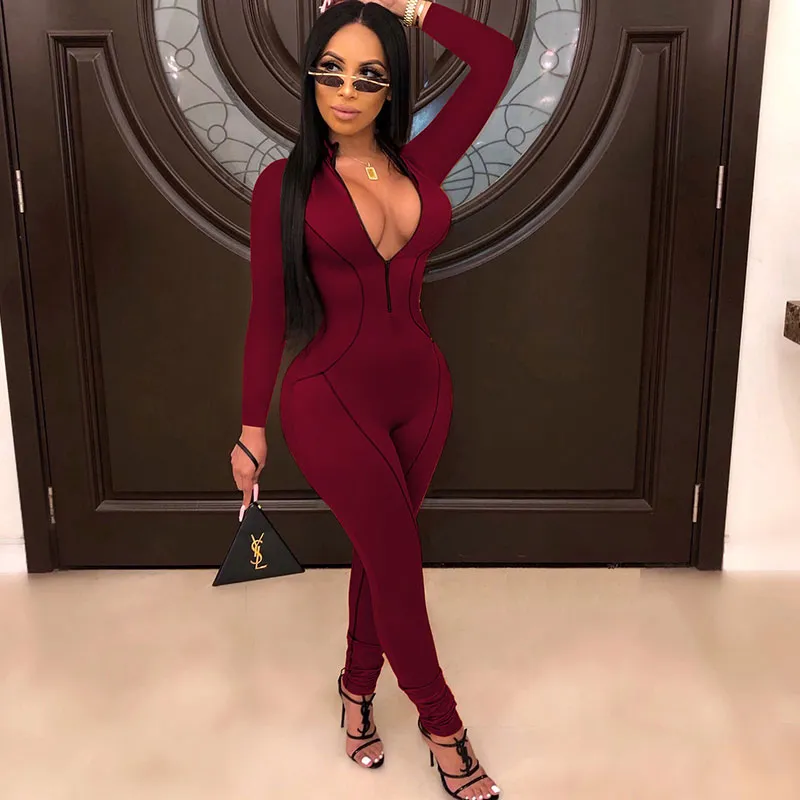 Milan Long Sleeve Zip Front Bodycon Jumpsuit