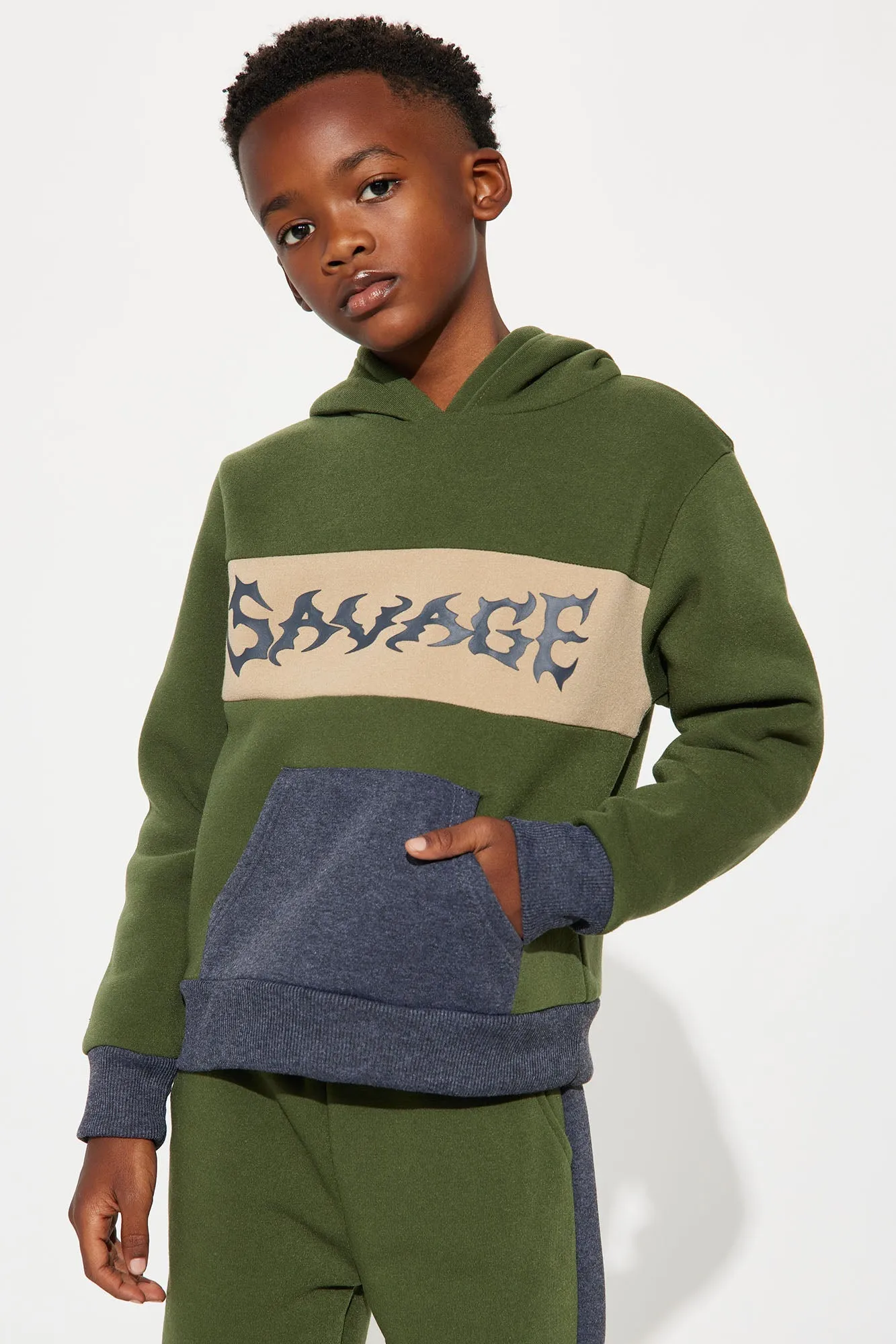 Mini Savage All The Time Colorblock Fleece Pant Set - Olive/combo