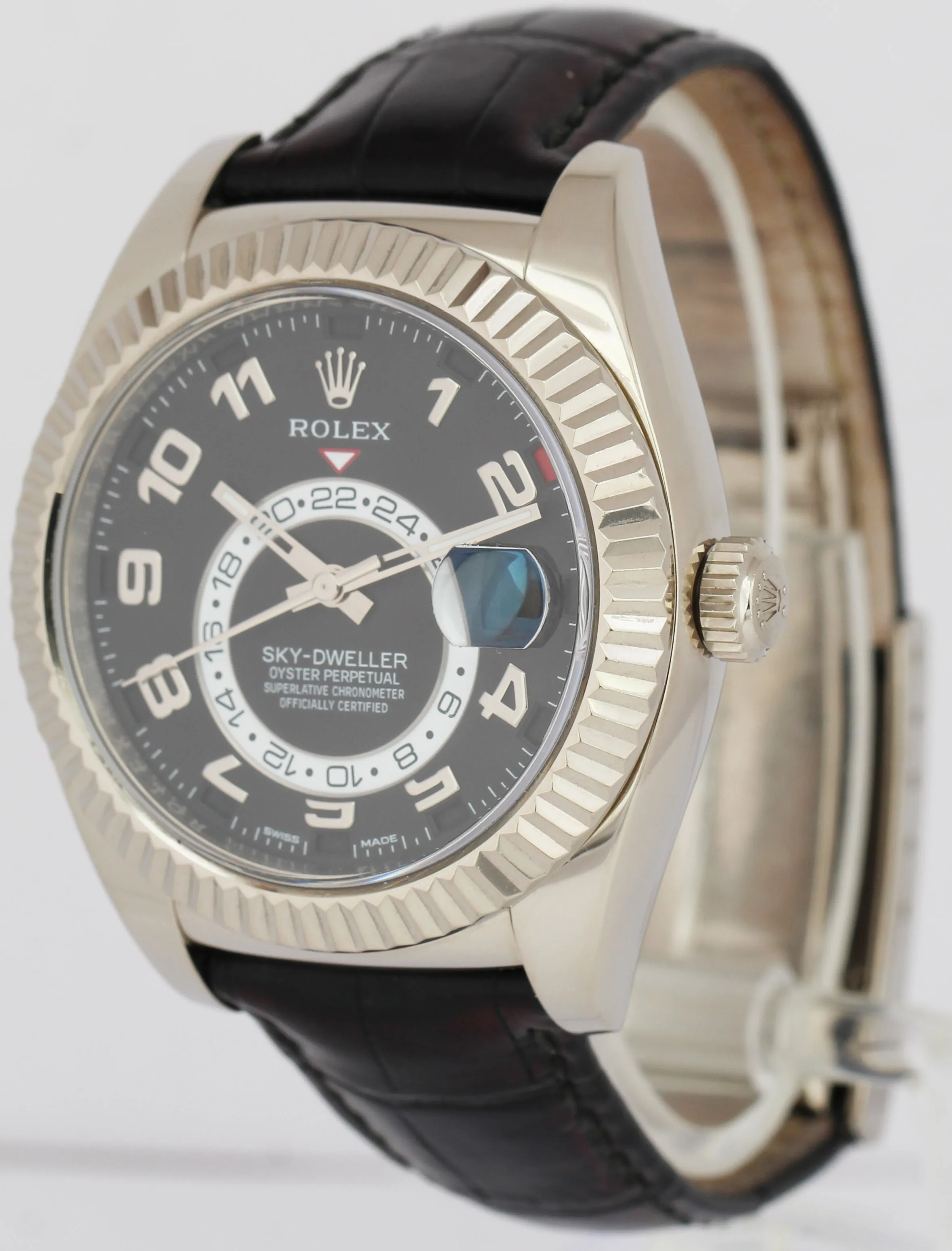 MINT Rolex Sky-Dweller BLACK ARABIC 18K White Gold 42mm Leather Watch 326139