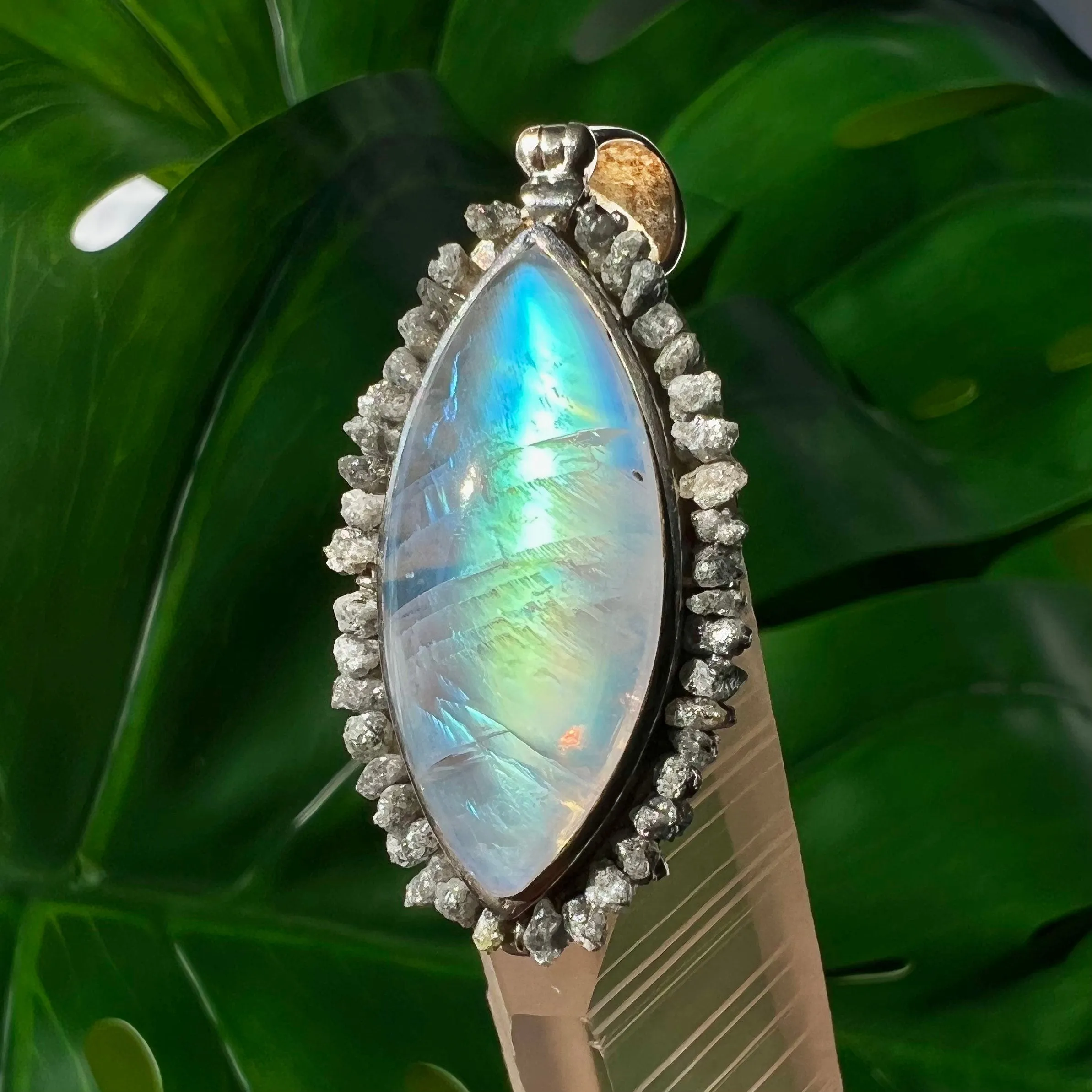Moonstone and Raw Diamond Silver Pendant