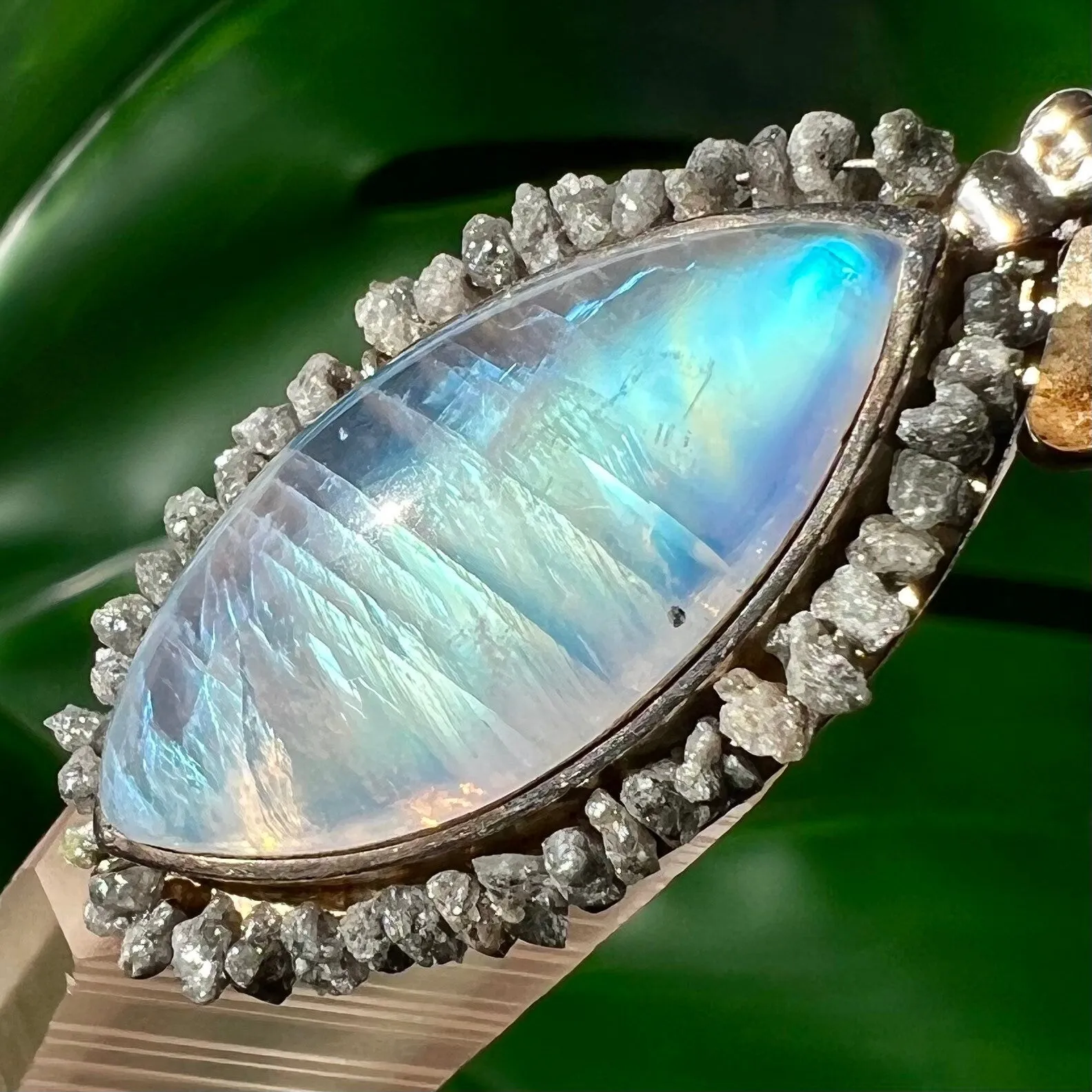Moonstone and Raw Diamond Silver Pendant
