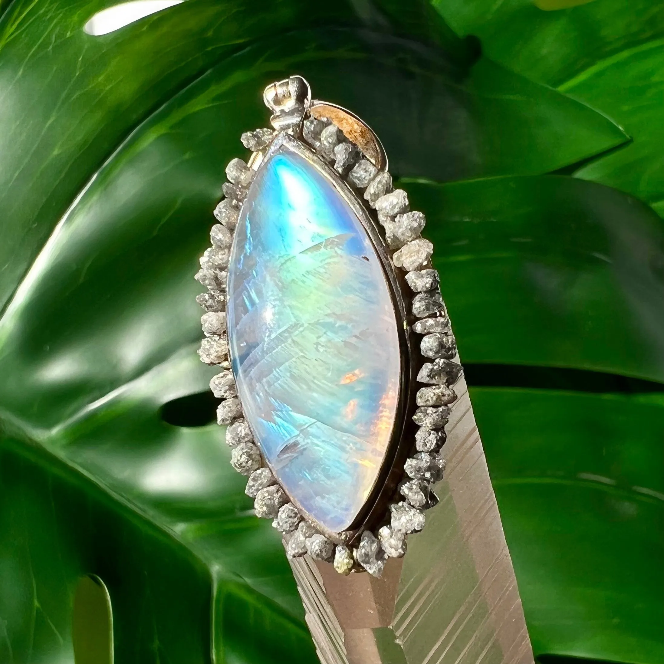Moonstone and Raw Diamond Silver Pendant