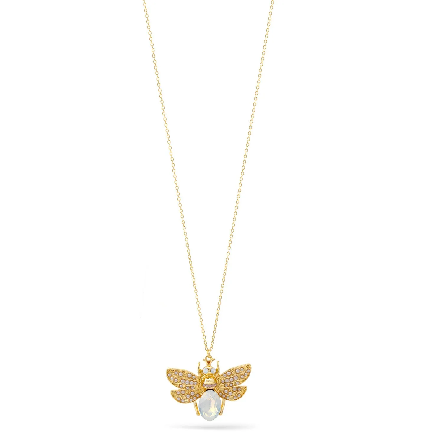 MOONSTONE CRYSTAL AND PEARL GOLD BEE PENDANT NECKLACE #SWKK-11883GDWHT (EH9)
