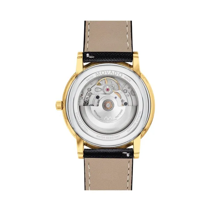 Movado Museum Classic Automatic Mens Gold Tone Black Dial Black Leather Strap Watch