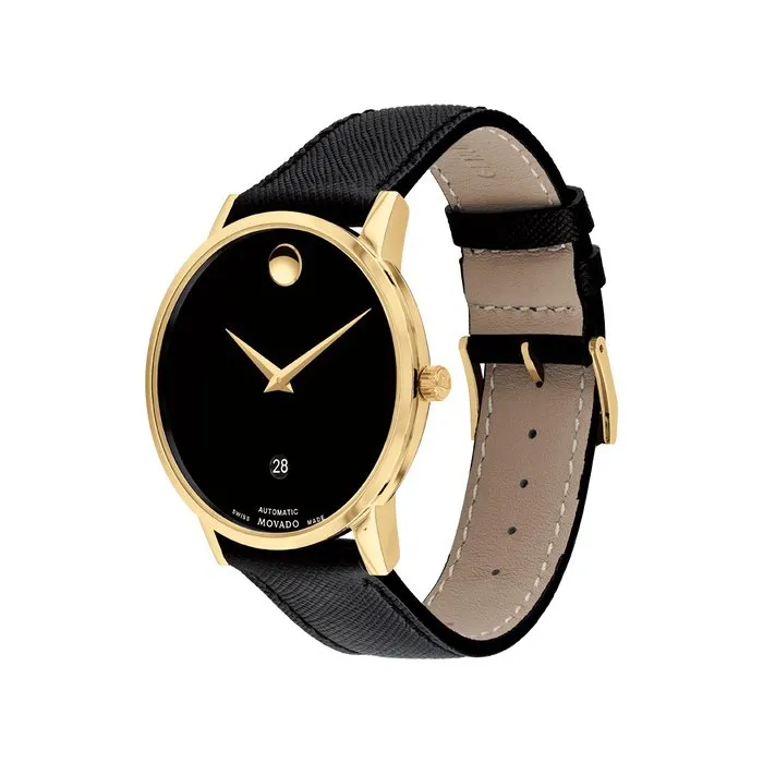 Movado Museum Classic Automatic Mens Gold Tone Black Dial Black Leather Strap Watch