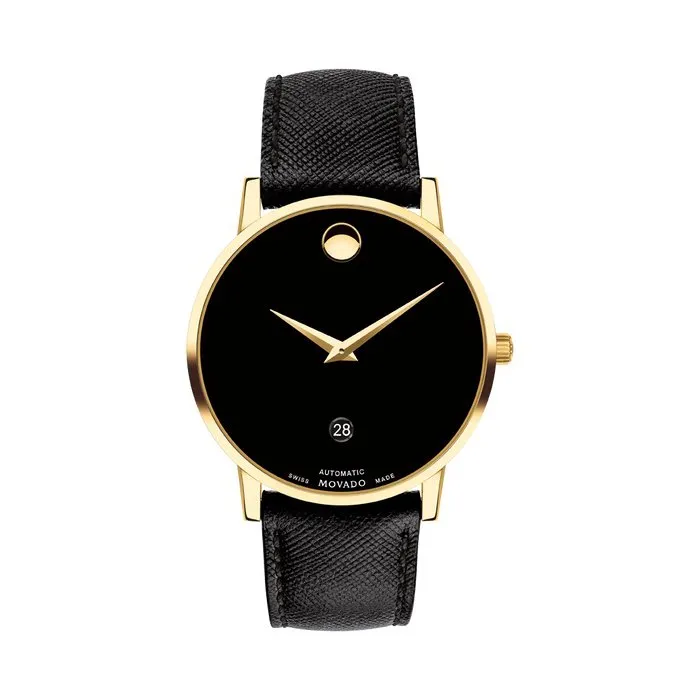 Movado Museum Classic Automatic Mens Gold Tone Black Dial Black Leather Strap Watch