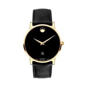 Movado Museum Classic Automatic Mens Gold Tone Black Dial Black Leather Strap Watch