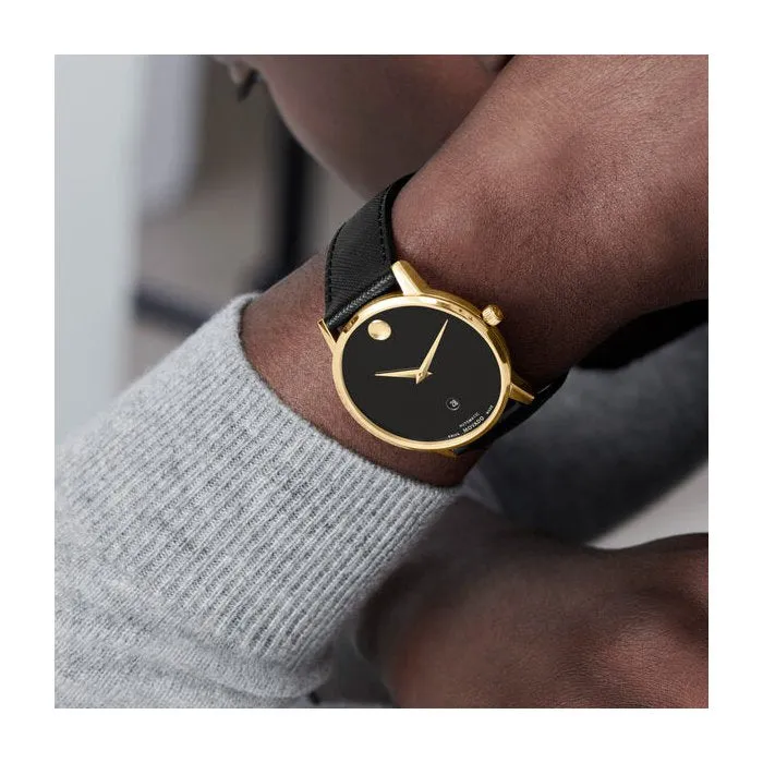 Movado Museum Classic Automatic Mens Gold Tone Black Dial Black Leather Strap Watch