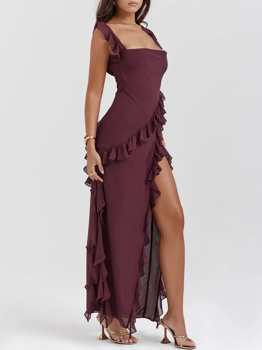 Mulberry Ruffle Stylish Maxi Dress
