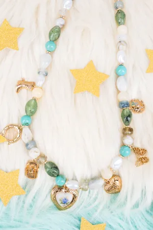 Multi Beaded Locket And Charm Necklace